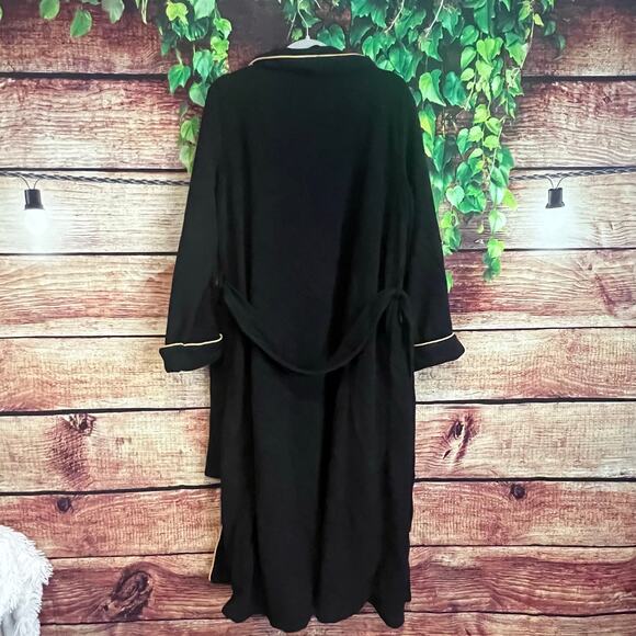 Ralph Lauren Long Sleeve Fleece Monogram Collar Robe Womens Large Belt Tie Black - Picture 7 of 8